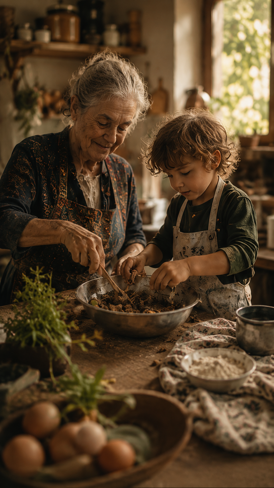Mulher idosa e criança a cozinhar juntas